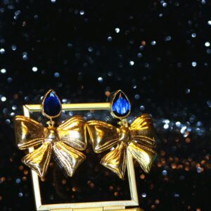 Brass Bow Earrings ( Blue Cat-Eye)