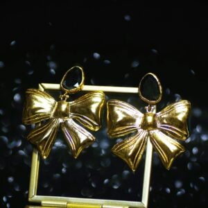 Brass Bow Earrings ( Black Cat-Eye)