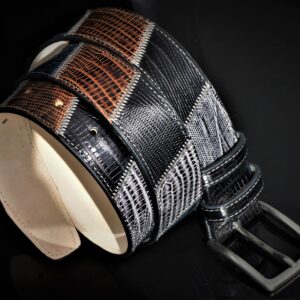 Warm hued patchwork belt in matte silver